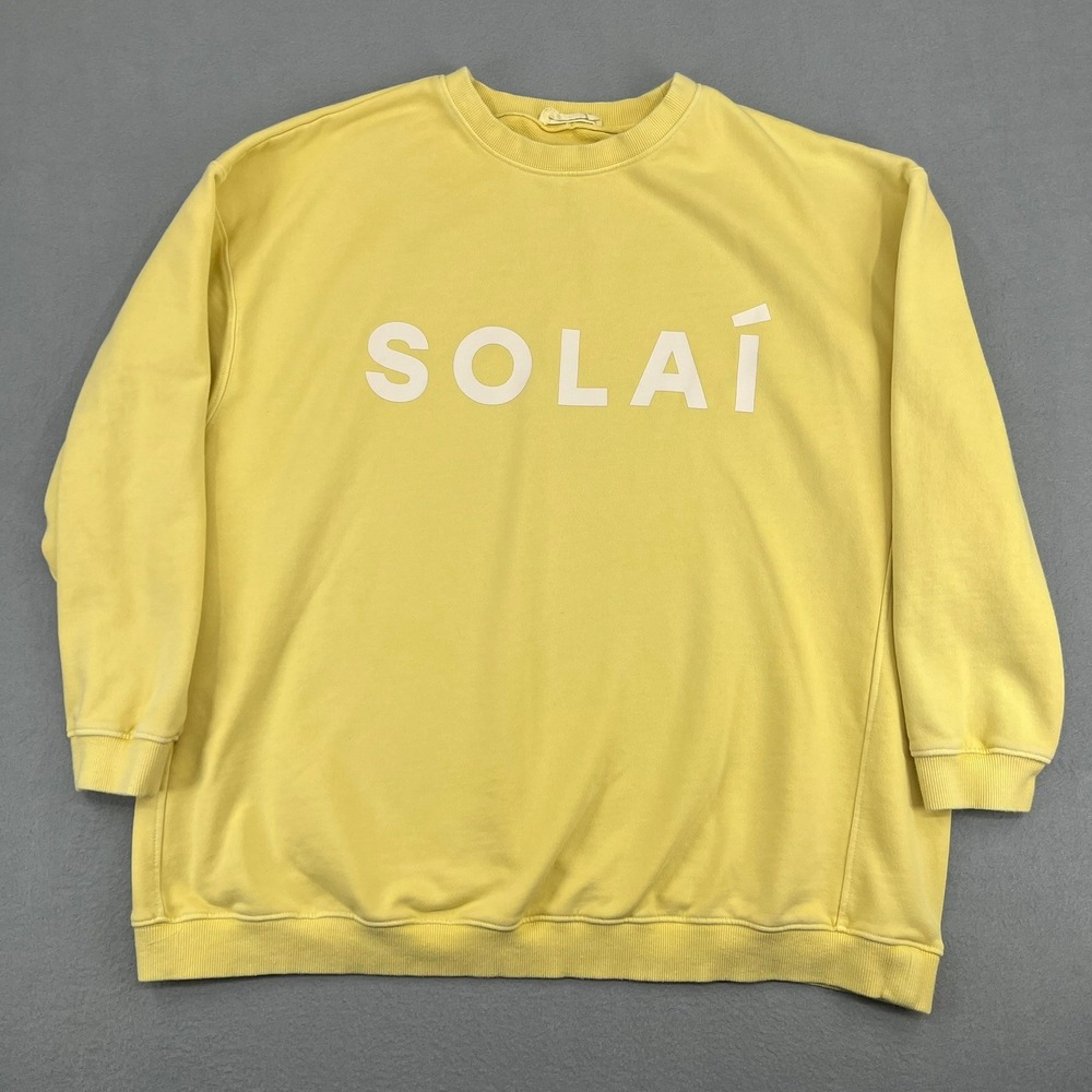SOLAI Womens Yellow Graphic Logo Crewneck Sweatshirt Size Small
